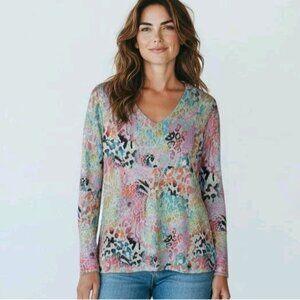SOFT SURROUNDINGS Multicolor Animal Print Tunic Top V-Neck Long Sleeve MEDIUM